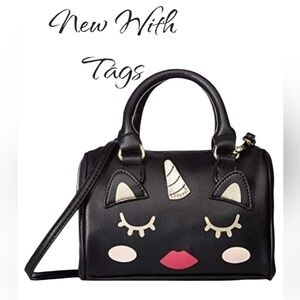 ••NWT Luv Betsey Johnson Unicorn Cat Black Mini Barrel Satchel Crossbody Bag